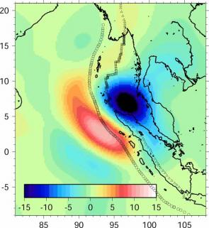 This figure shows is a composite image from GRACE satellite data showing the gravity changes for the Sumatra-Andaman earthquake. Image courtesy of Shin-Chan Han Ohio State University.